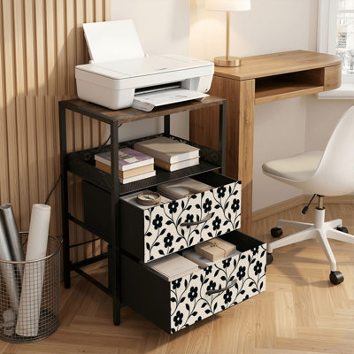 Table de chevet 2 tiroirs avec station de charge, table de chevet de chambre à coucher avec ports USB, tablette ouverte noire, table de chevet avec motif floral noir crème, imprimé botanique minimaliste