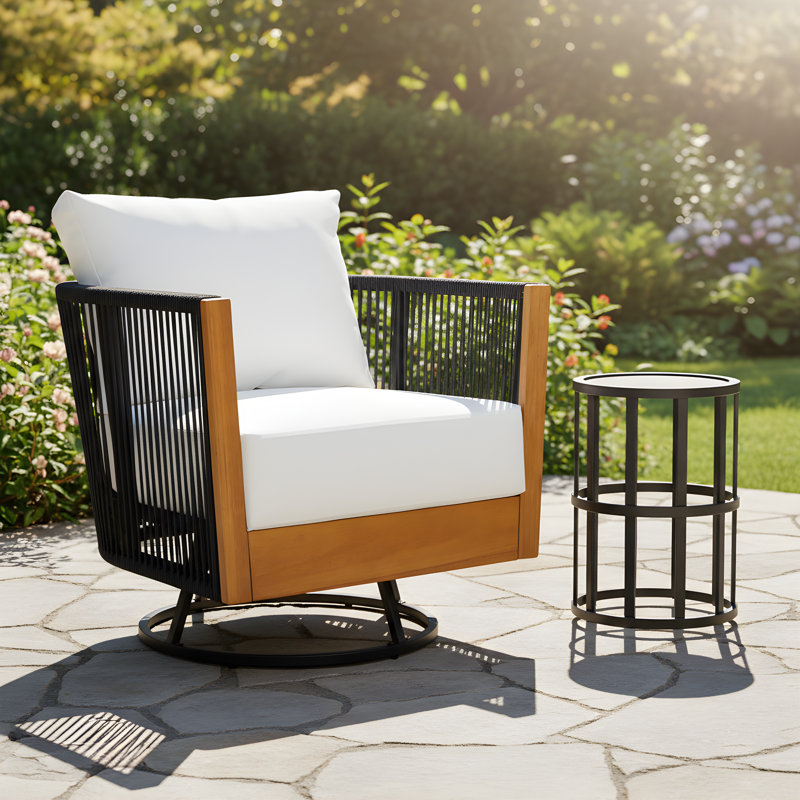 Marne Outdoor Acacia Wood Conversation Set With Woven Rope & Ceramic Side Table, 2 Pcs: Table, Chair