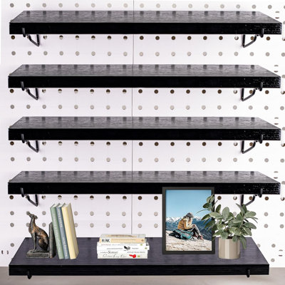 4‑Pack Black Wooden Pegboard Shelves with Metal Brackets Hooks, Heavy‑Duty Pegboard Organizer, for Crafts Room, Garage, Workbench, Office