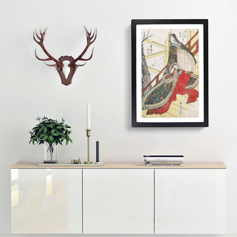 Court Lady with a Fan by Yashima Gakutei - Framed Print, 48cm H x 36cm W x 2cm D, Black Framed