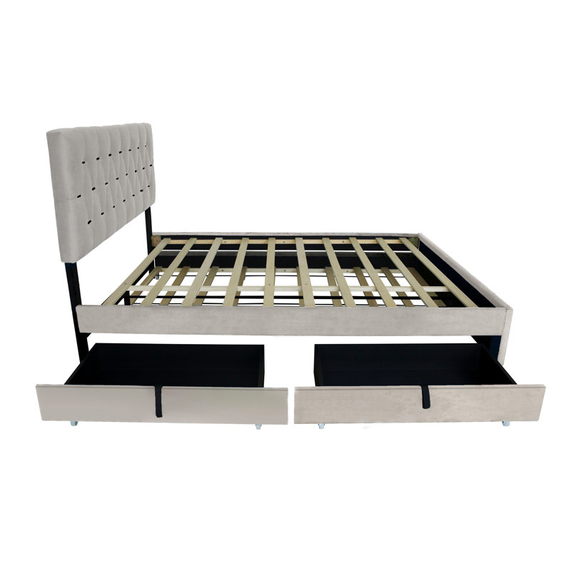 Grand lit gris avec lit gigogne et 2 tiroirs, lit tapissier moderne, sans sommier, capitonnage doré, espace supplémentaire pour les invités, vêtements de style tiroir, taille de structure, tête de lit, espace, literie, velours