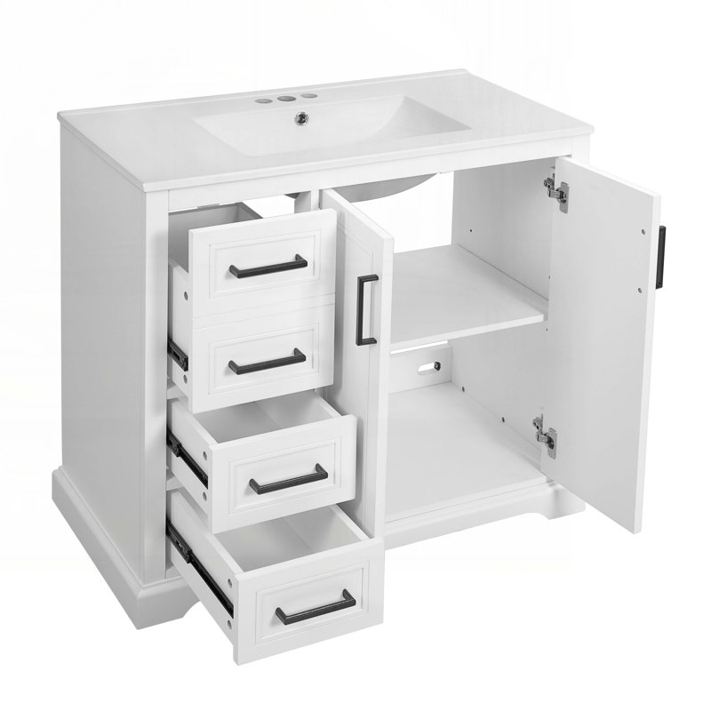 Meuble-lavabo 36 po avec lavabo en céramique, Blanc, Ensemble central de 4 po