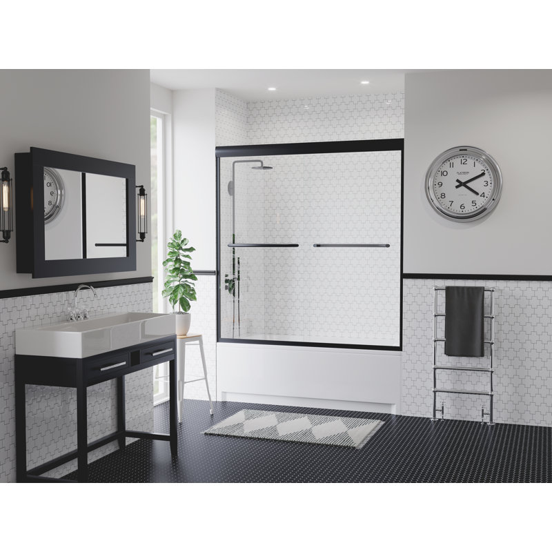 Paragon Series 60 in. W x 58 in. H Sliding Frameless Tub Door with Header and Clear Glass, Matte Black