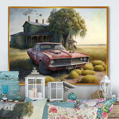 Orange Muscle Car at the Barn - Peinture sur toile