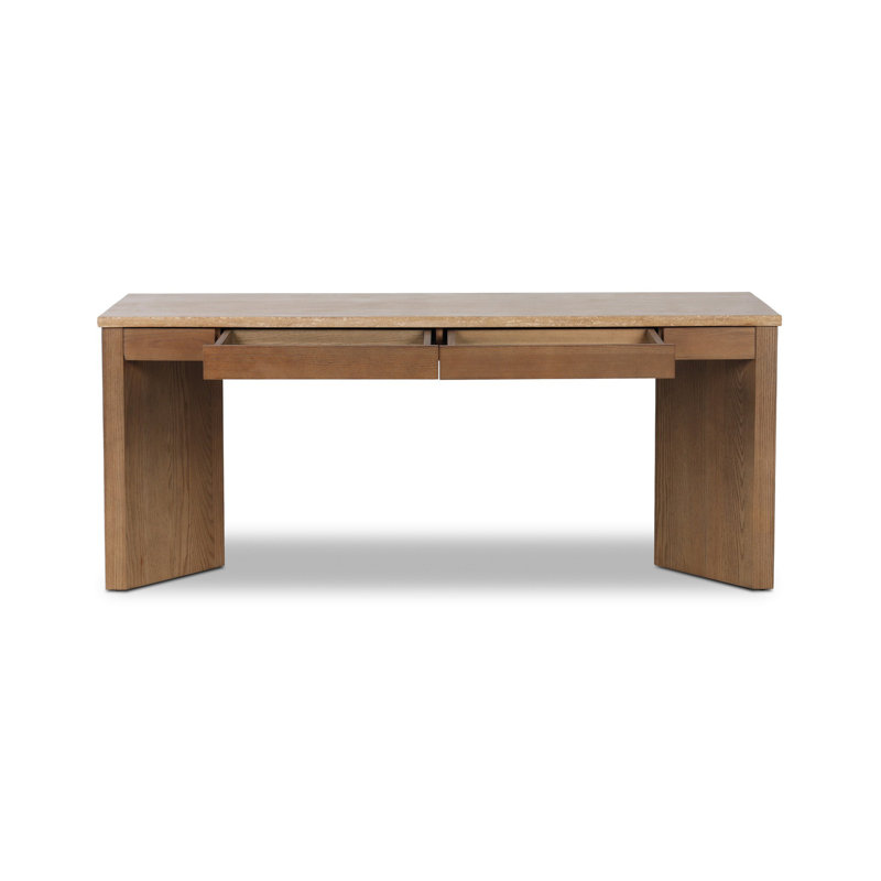 Lawson Writing Desk, Golden Travertine/Amber Oak Thin Veneer