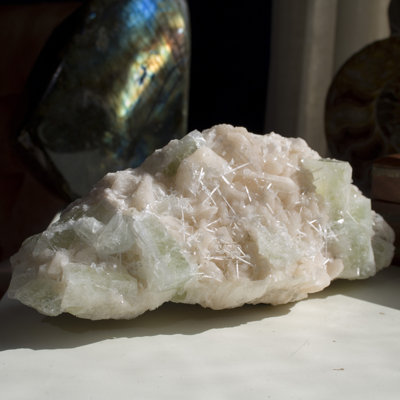 Green Cubic Apophyllite on Peach Stilbite with Scolecite & Calcite.
