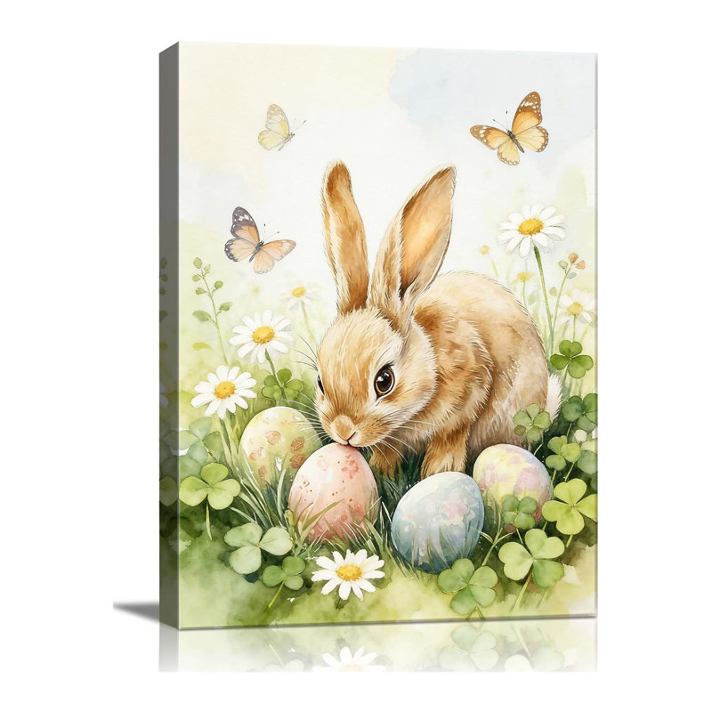 Lapin de Pâques, reproduction d'art sur toile, lapin mignon et œufs de Pâques, reproduction d'art de campagne rétro au printemps, décoration murale de Pâques encadrée moderne pour chambre à coucher, salon, salle de bain, bureau 12 po x 16 po