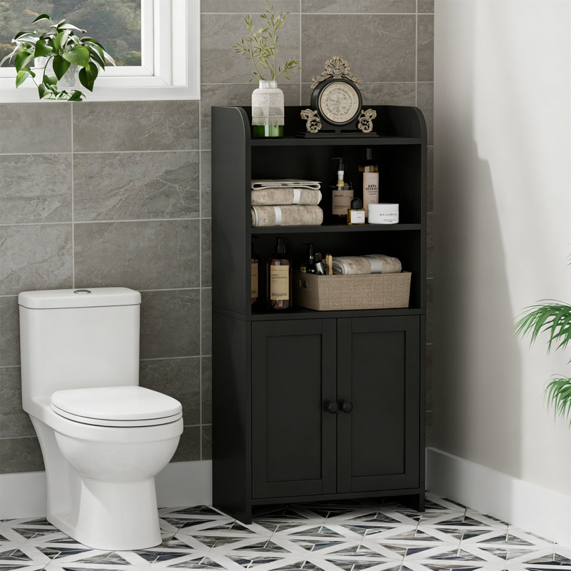 Freestanding Small Bathroom Cabinet With 2 Doors & Shelves, Toilet Paper Storage, 7.9X14.6X31 In, Black