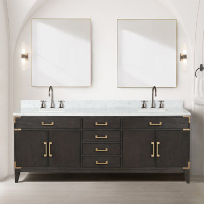Brown Oak Double Bath Vanity 84 In. W X 22 In. D, Carrara Marble Top, And Faucet Set