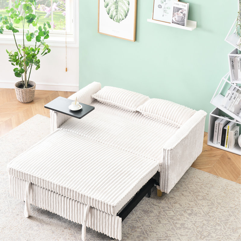 Double velours côtelé beige avec table mobile et connexion, convenant à une prise de table de différents styles, offrant une sensation luxueuse