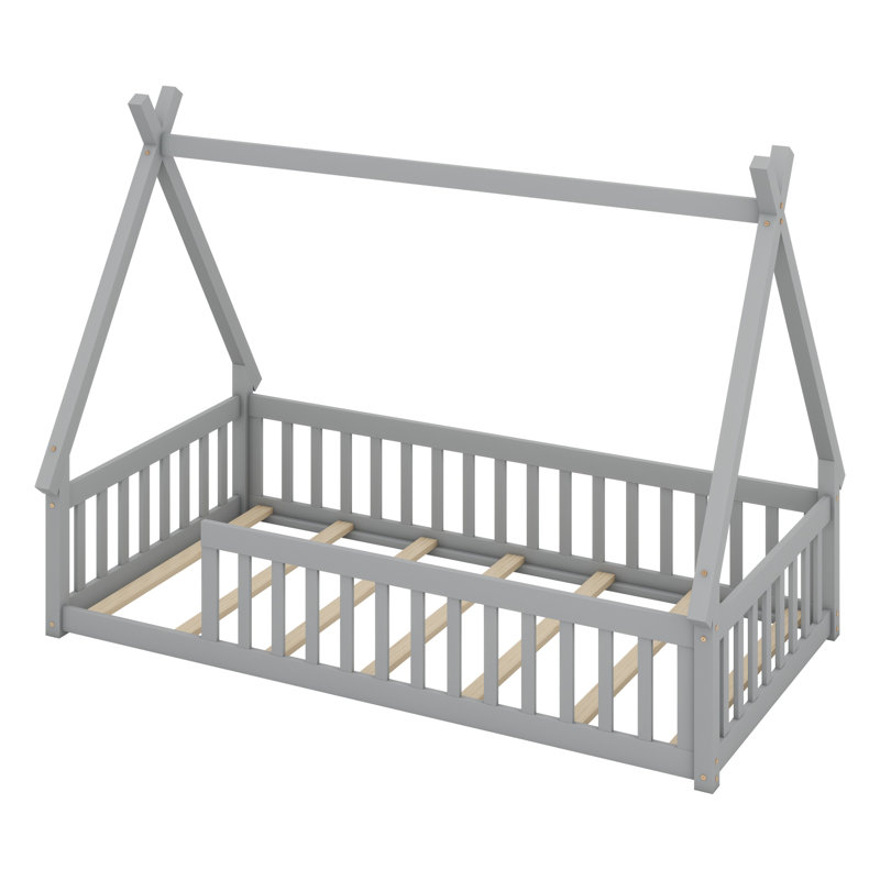 Tent-Shaped Floor Bed, Bed With Guardrails, Grey
