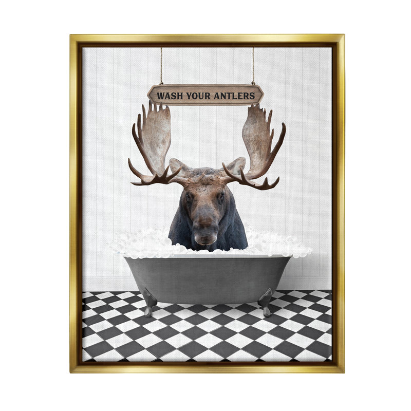 " Wash Your Antlers Moose ", Metallic Gold Floater Frame, 21" H x 17" W x 1.7" D