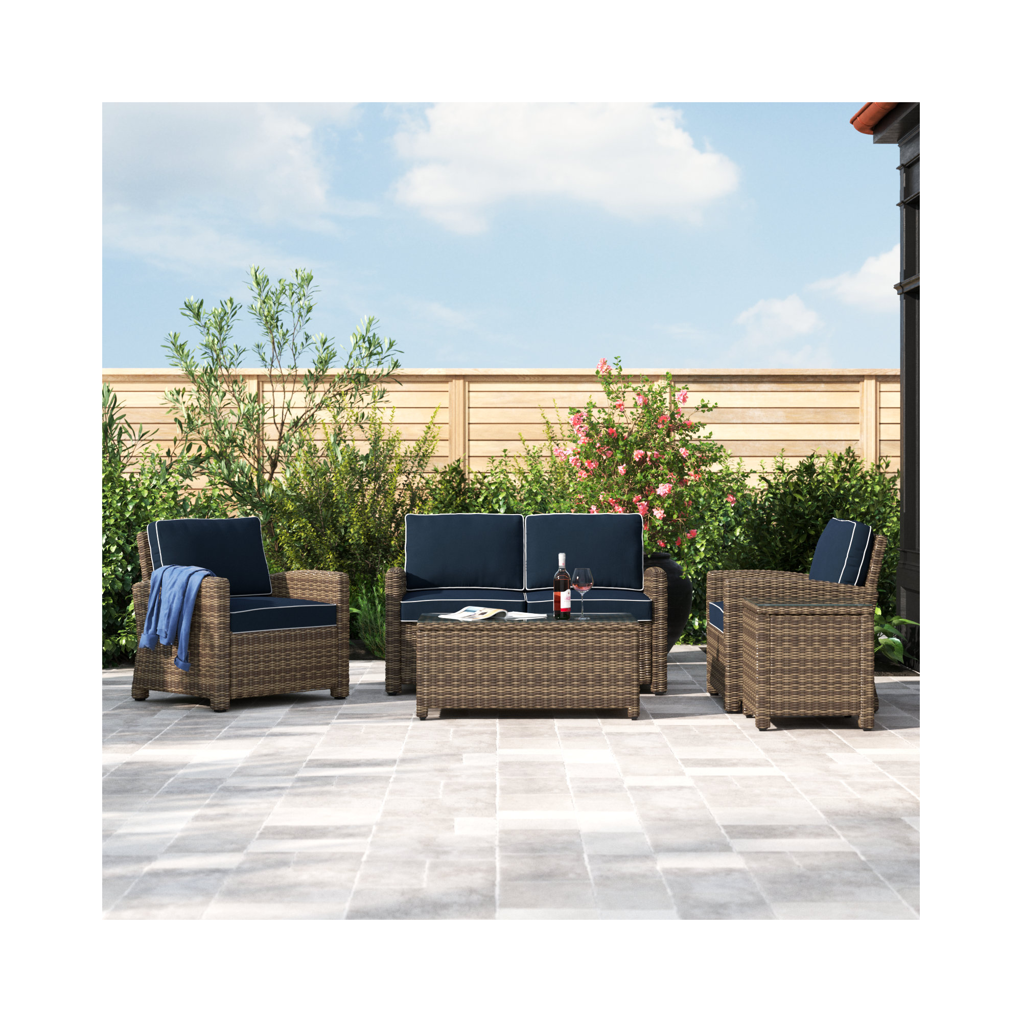 4 - Person Patio Conversation Set with Cushions, Navy, Brown