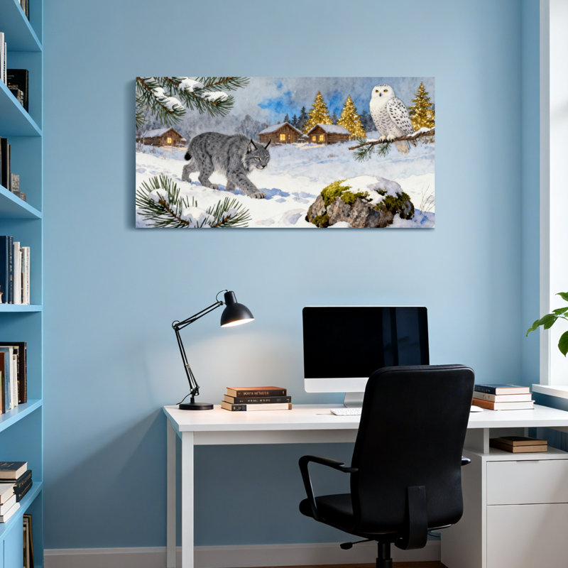 Paysage de Noël enneigé avec lynx et hibou, H 16 po x l 32 po