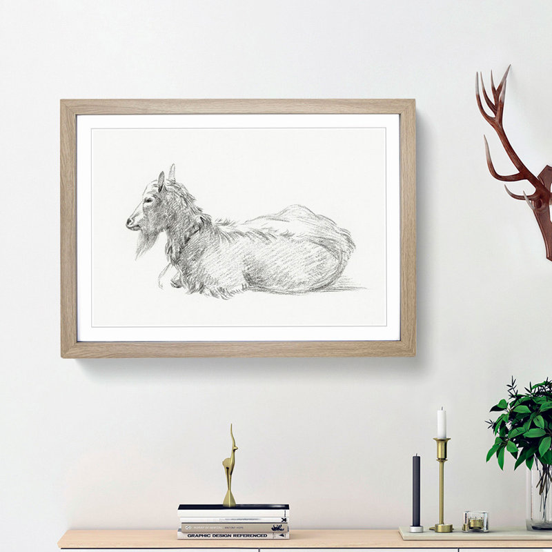 A Resting Goat by Jean Bernard - Single Picture Frame Print, Oak Framed, 45cm H x 63cm W x 2cm D