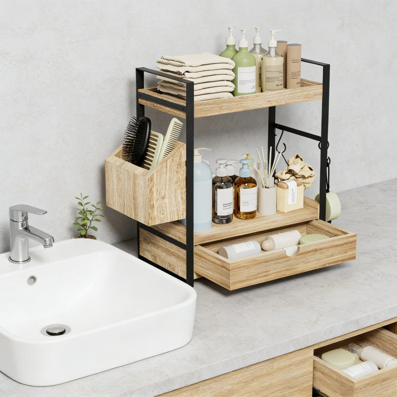 Organisateur de comptoir de salle de bain à 2 niveaux avec tiroir et panier de rangement, organisateur de meuble-lavabo en bois pour les soins de la peau, le maquillage et les essentiels de salle de bain, tablette peu encombrante avec crochets