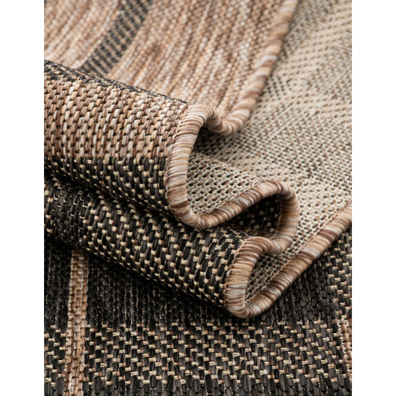 Tatasha Plaid Power Loom Polypropylene Plastic Indoor/Outdoor Area Rug in Black/Brown, Round 10'