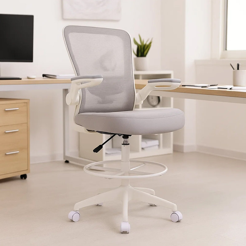 Dea Drafting Stool Chair, Flip-Up Arms, Gray Mesh, Chrome Footring, White