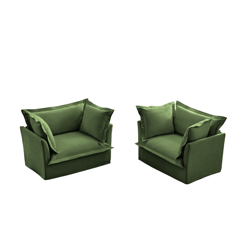 Set of 2 Slipcovered Armchairs Accent Chair Living Room Chair Reading Chair Bedroom Chair, Green Chenille