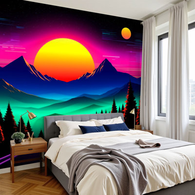 Peel and Stick Wallpaper Neon Sunset Mountain Landscape Purple Road Pine Trees Colorful Magical Wall Murals 100"H x 144"W Removable PVC Wall Paper Self-Adhesive Wall Decor for Bedroom Living Room Home Office