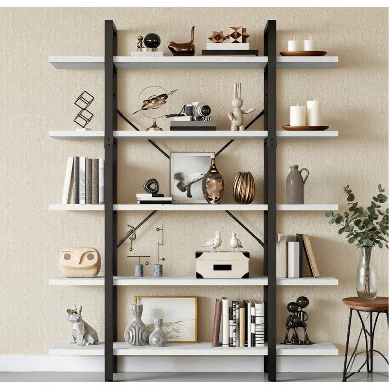 Kazys 71"H x 47"W 5-Tier Wood Vintage Industrial Etagere Bookcase, Black/White