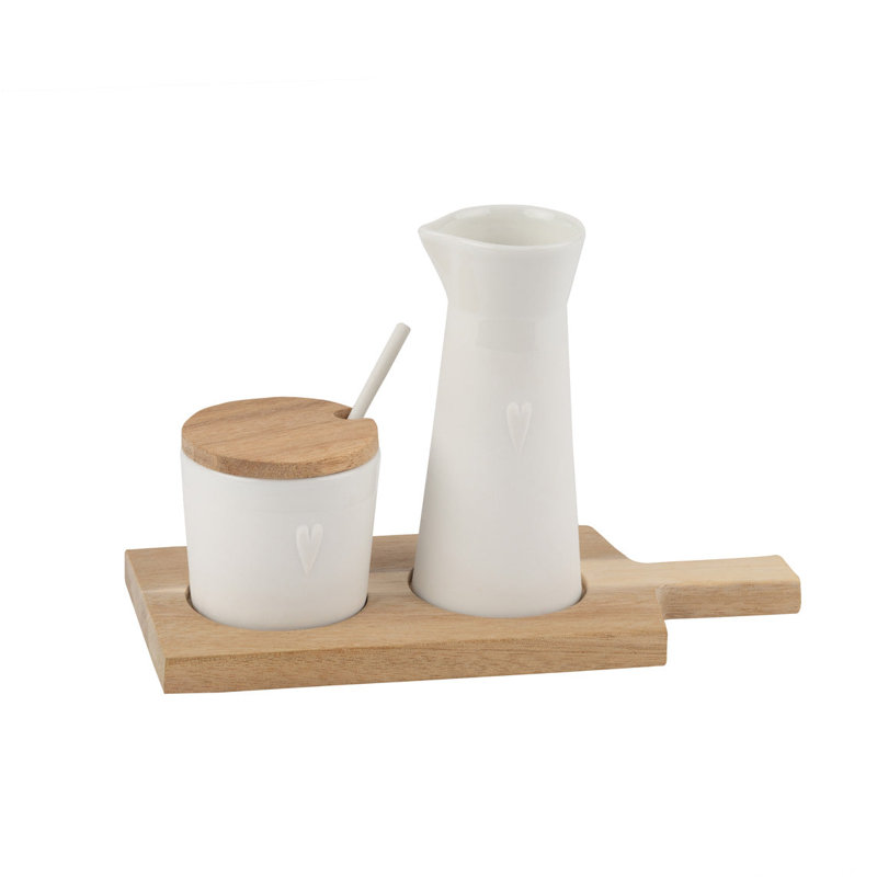 Service à crème et à sucre Little Friends avec plateau en bois d'acacia