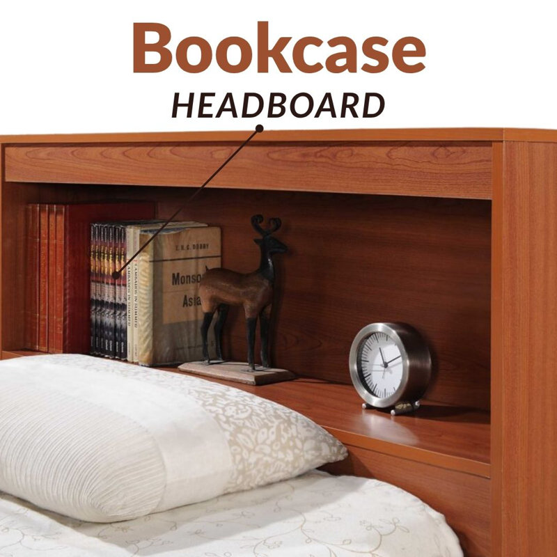 Lit plateforme simple avec tête de lit bibliothèque et 3 tiroirs pour les vêtements , Cerisier