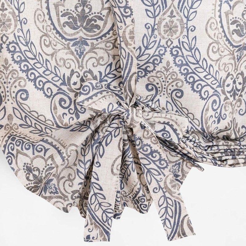 Faux Linen Farmhouse Tie up Valance, 42" W x 54" L, Blue on Beige