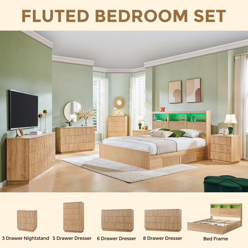 Aberdeen Fluted 5-Drawer Dresser, 45" Tall Dresser Storage Organizer, Chest of Drawers with Deep Storage, Modern Bedroom Chest for Closet Hallway, Entryway, Living Room, Natural