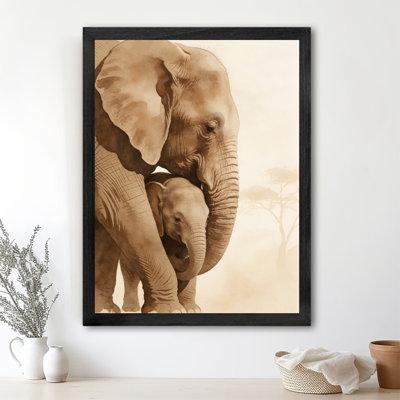 Art encadré noir «A Mother's Love: Mother and Baby Elephant Wall Art Realism», impressions encadrées