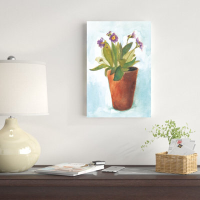 " Primulas In Pots On Blue II " by Michael Clark Painting Print