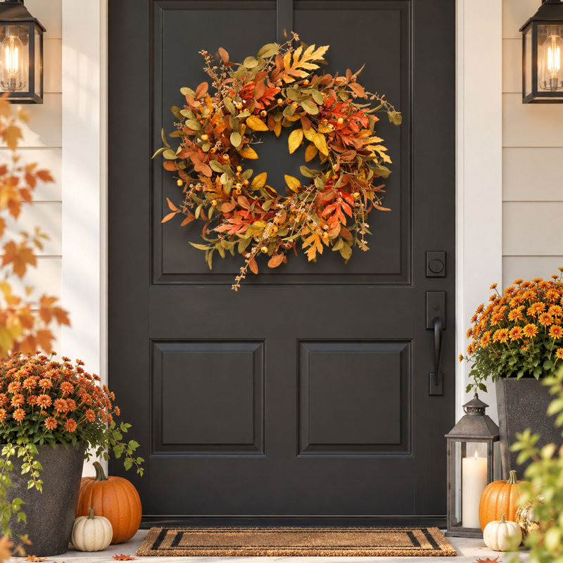Artificial Fall Wreath with Pumpkin Berries and Oak Leaves for Front Door