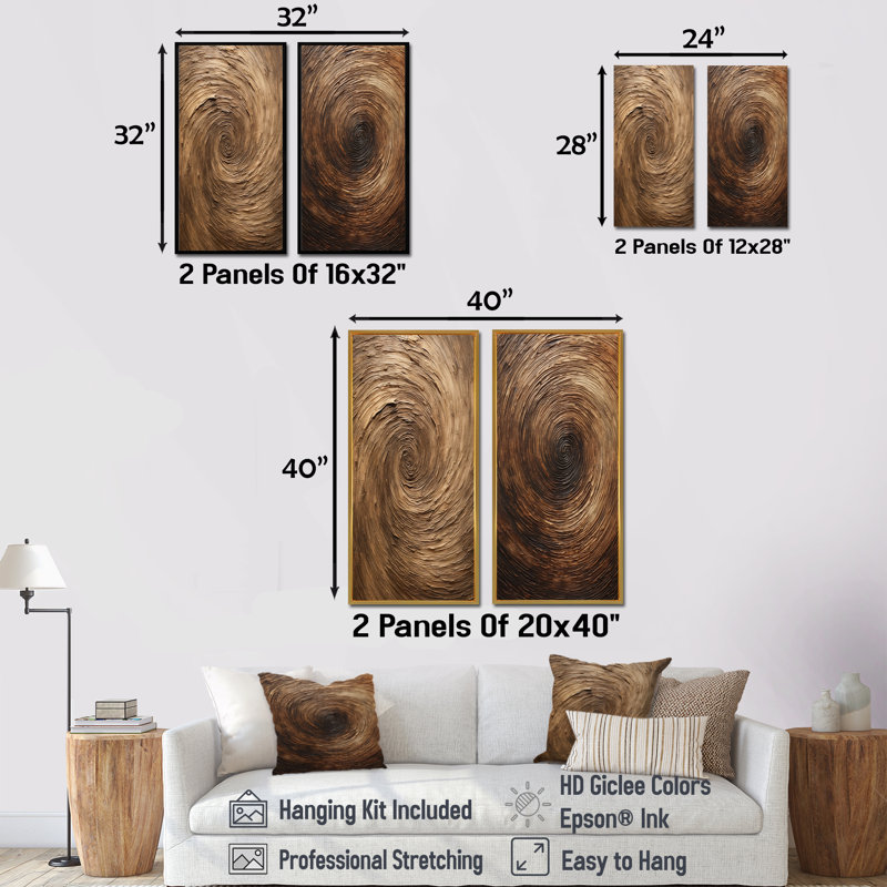 Ensemble de salon brun avec spirales abstraites et murales, H 40 po x l 41 po, Encadrement brun