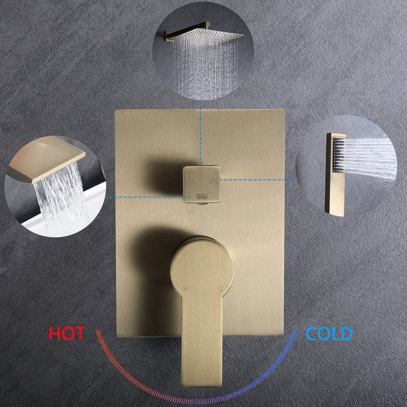 Wall Mounted 10Inch Rainfall Shower, Ceramic Disc, Balanced, Brushed Gold Organization Shower Head, Mounted, Accessory, Gold