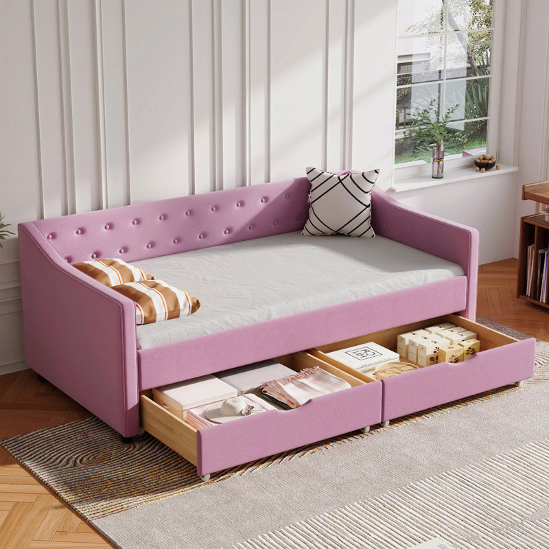 Upholstered Daybed, Twin Size Daybed With Drawers Tufted Sofa Bed, With Button On Back And Piping On Waved Shape Arms, Twin