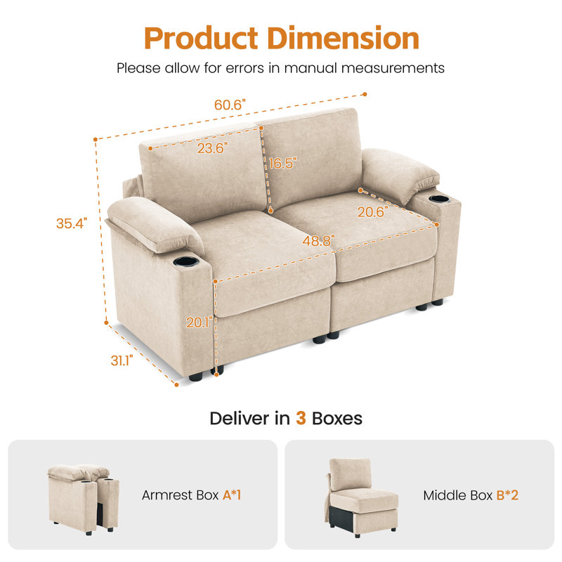  Canapé modulaire modulaire avec rangement dissimulé et porte-gobelets, 2 sièges, Kaki