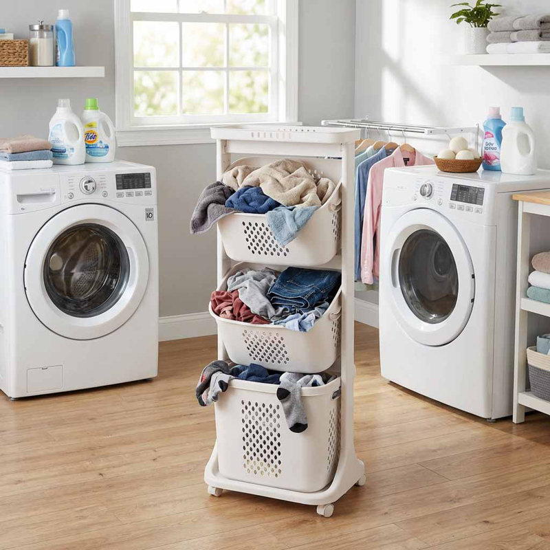 3- Tier Plastic Rolling Laundry Basket With Handles,  Modern Home Organizer Storage Rack