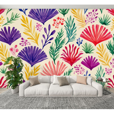 Papier peint à peler et coller Aquarelle Botanique Floral sans soudure Vibrant Feuilles tropicales Fleurs murales H 100 po x l 144 po Papier mural amovible en PVC auto-adhésif pour le salon de la chambre Bureau à domicile