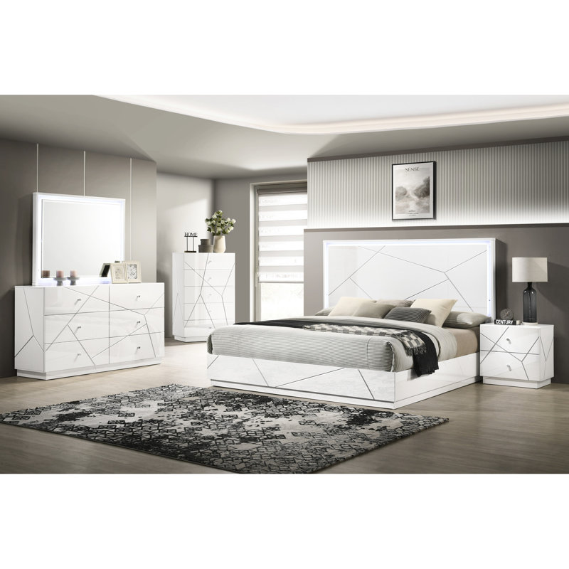 Nightstand Featuring Red Velvet-Lined Drawers, Geometric Design And White Lacquer In Bedroom Modern Bedside With Patterns, Velvet Finish For