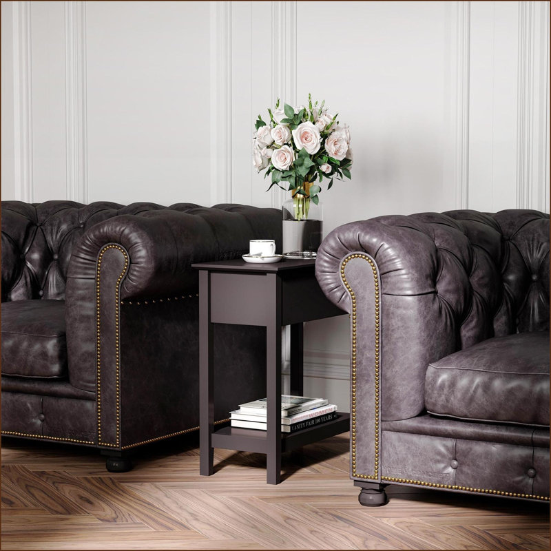 Table d'appoint rétro élégante avec plateau rabattable de couleur café foncé, meuble de rangement et tablette inférieure. Parfait pour un cinéma maison, un salon, un bureau, etc.