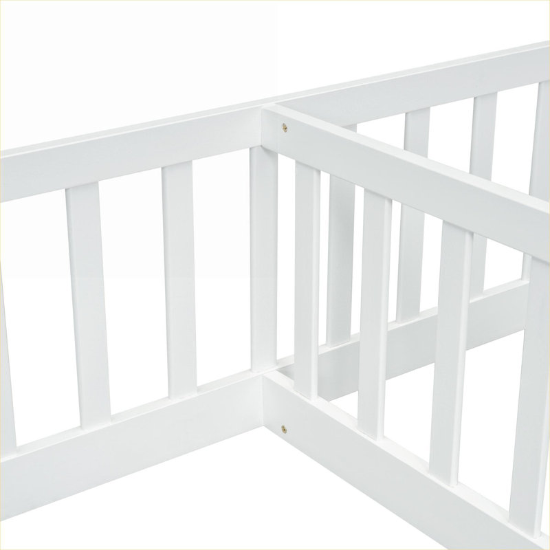 Classic white solid pine double shared platform floor bed with guardrails for compact shared bedrooms, minimalistic design
