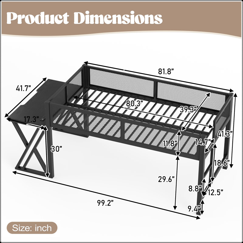 Lit mezzanine simple TG avec bureau, DEL, port USB et escalier, Simple extra long
