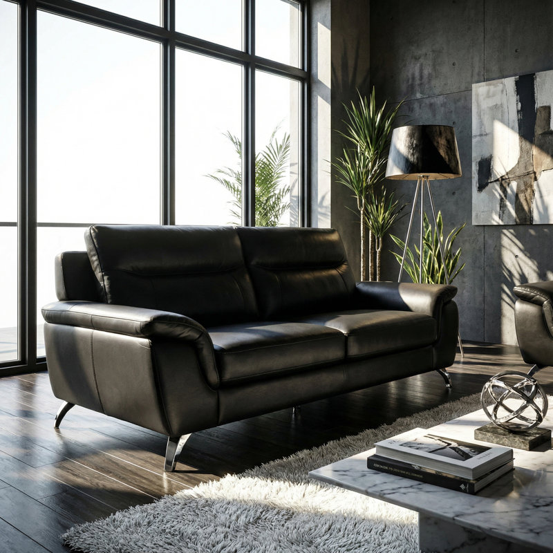 Chicago Genuine Leather Sofa, Black 79", Black Genuine Leather