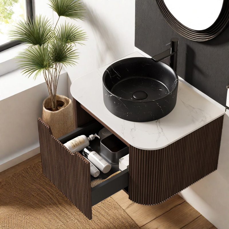 Meuble-lavabo moderne en céramique avec plateau en pierre frittée peu encombrante pour la maison