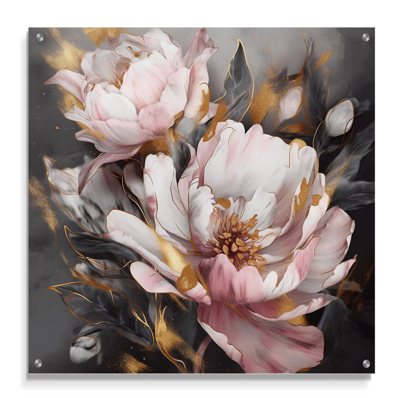 Rose et gris pivoines élégance II - pivoines, art mural acrylique moderne, H 16 po x l 16 po