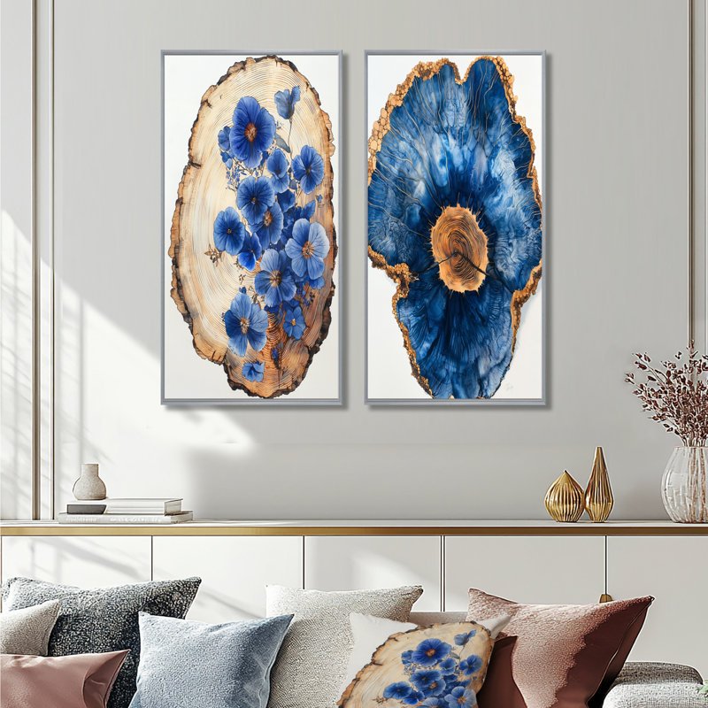 «Blue Wildflowers Leaves», glissade sur bois I - art mural floral 2 panneaux, H 40 po x l 41 po, Encadrement argenté