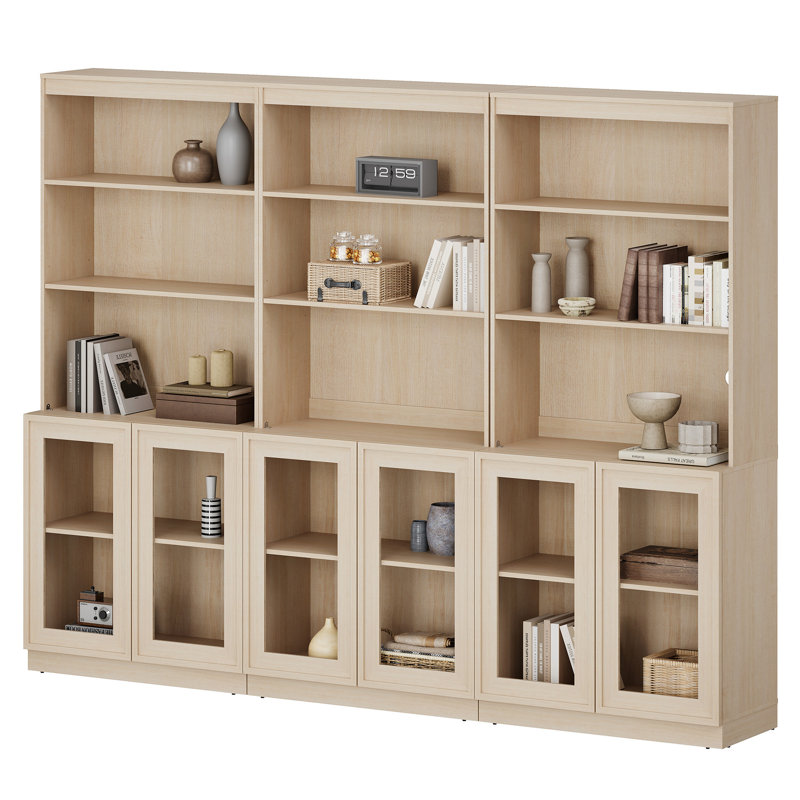 Buffet en bois de 240 cm de large avec portes vitrées et étagères réglables, meuble de rangement de 183 cm de haut pour salle à manger et cuisine