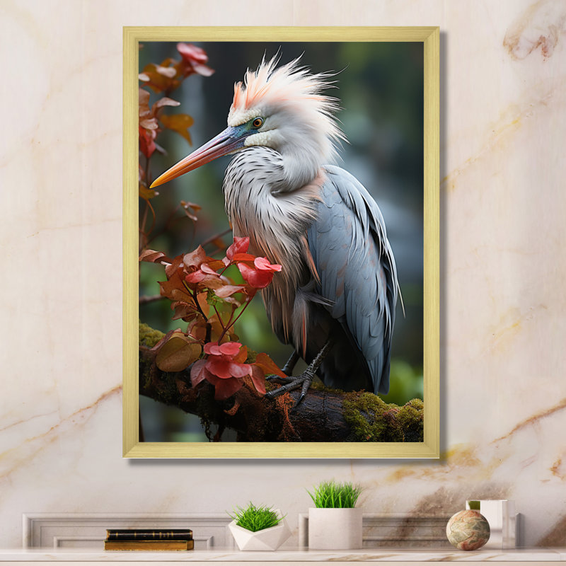 " Gray Coral Animal Heron ", 20" H x 12" W x 1" D, Gold Picture Framed