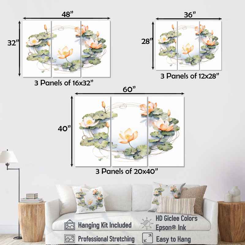 «Natures Lotus Lilly Pads I», ensemble d'art sur toile de lotus, H 32 po x l 48 po x P 1 po