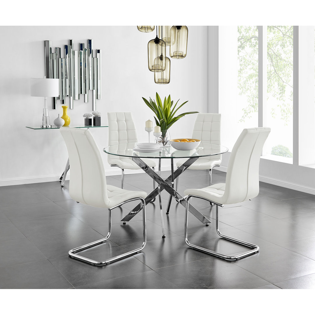 Tierra Modern Chrome Metal & Glass Round Dining Table Set with 4 Modern Faux Leather Chairs